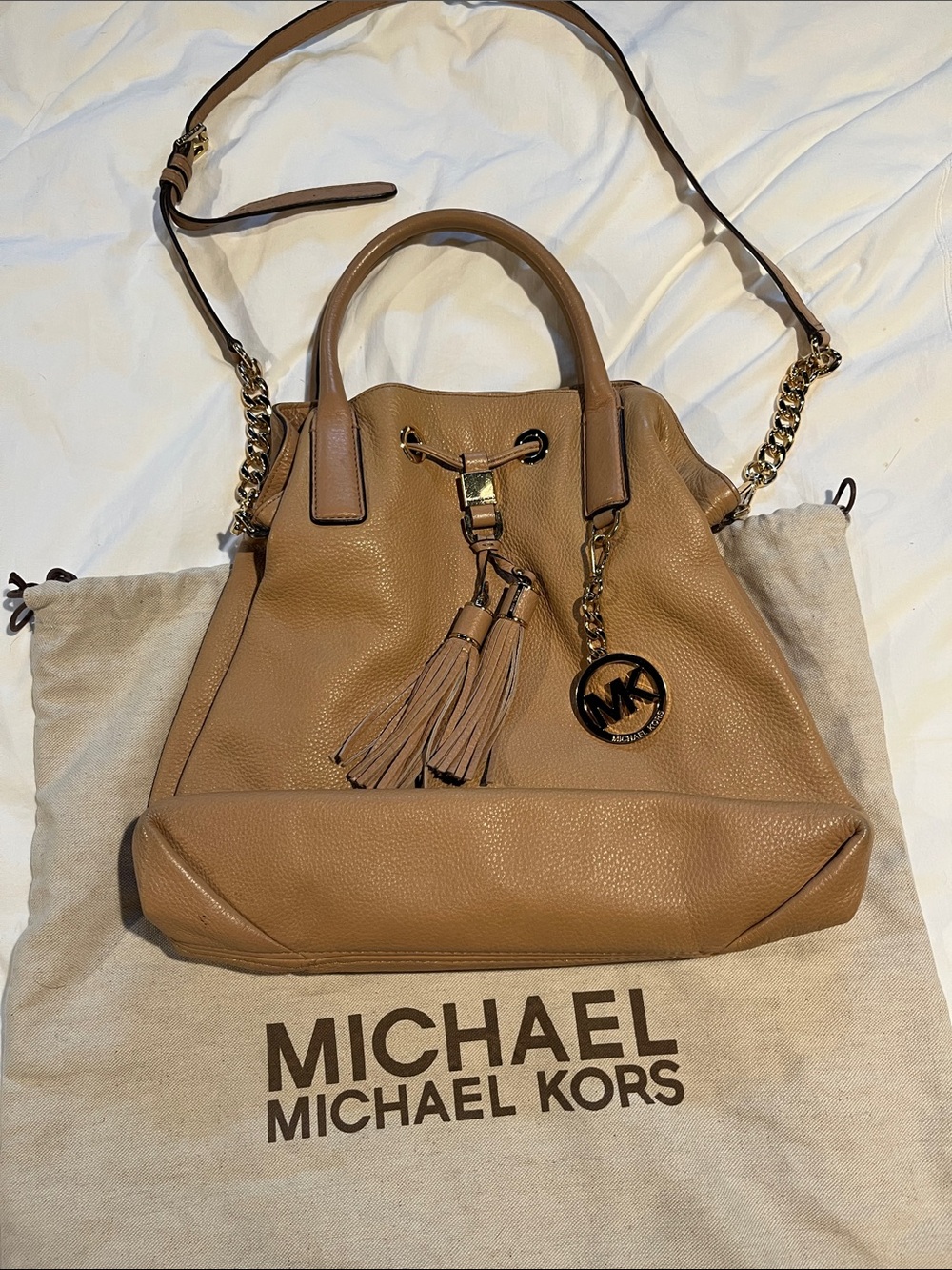 Michael Kors Camel/Tan soft pebble grain Leather Tassel Drawstring Shoulder Bag
